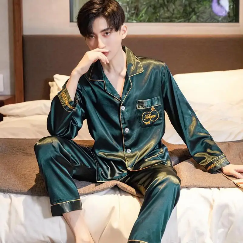 Casual Sleep Set Embroidery Men Pajamas Set Satin Lapel Sleepwear Loose Big Size 2PCS Shirt&Pant Long Sleeve Collar Home Clothes