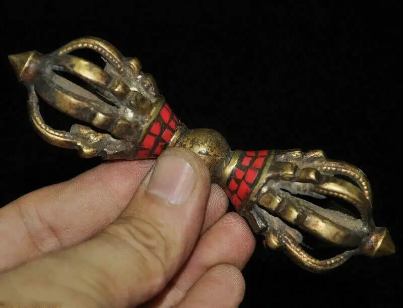 

Tibet Buddhism pure Bronze inlay Coral Vajra Dorje Phurpa Exorcism Talisman Faqi