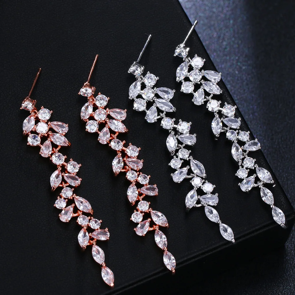 Ekopdee Luxury Flower Long Tassel Earrings Women Vintage Bling Cubic Zirconia Bridal Earrings Female Bridal Wedding Jewelry New