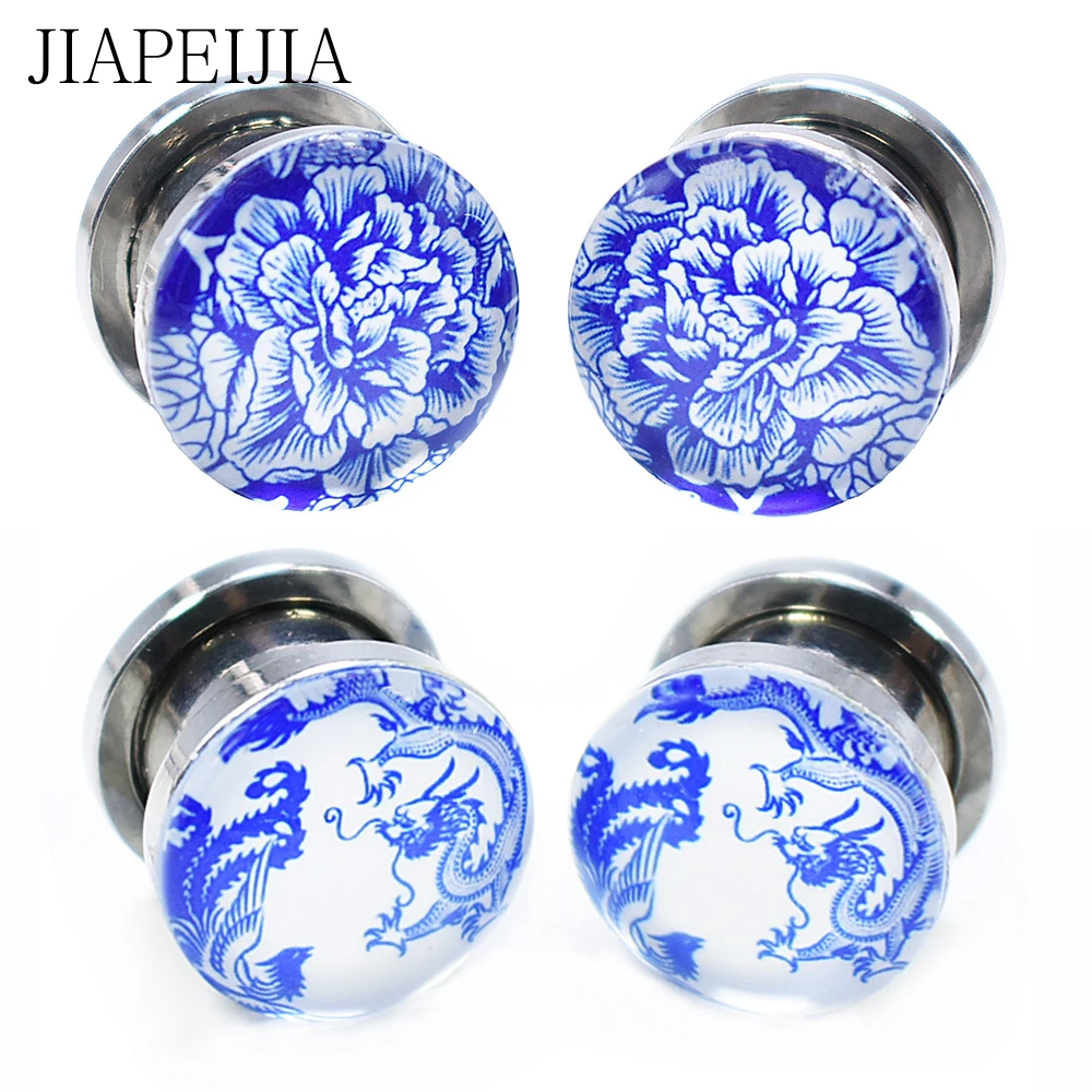 

Blue and White Porcelain Ear Tunnels and Plugs Ear Stretching Expander Piercing Gauge for Ear Stud Earring