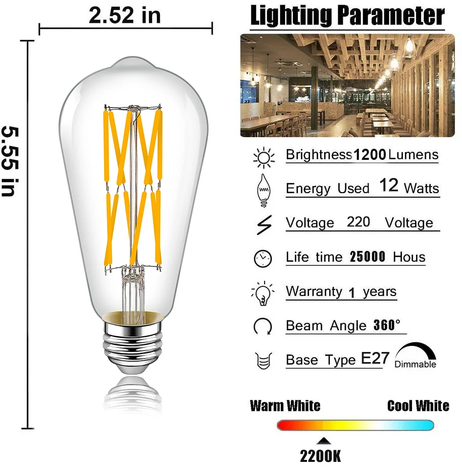 ST64 12W 16W Edison LED Filament Bulb lamp 220V E27 Vintage Antique Retro Edison Replace 160W Incandescent Light Decorative bulb