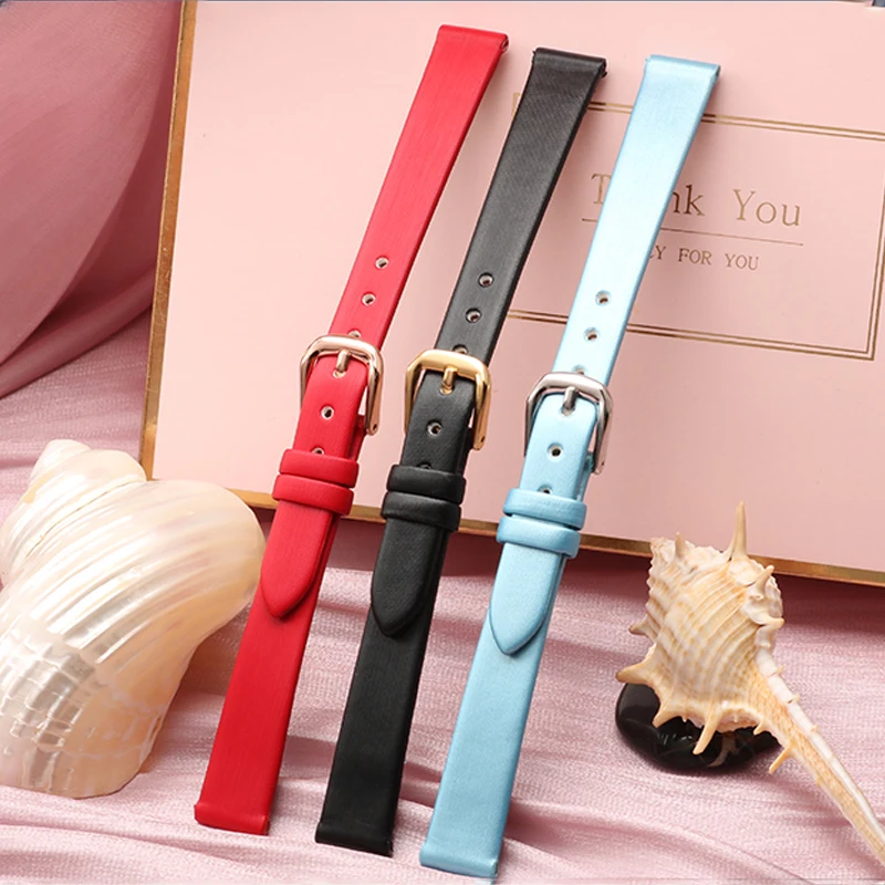 Quality Spun Silk + Genuine Leather Watchband 6mm 8mm 10mm 12mm 14mm For The Womens Wrist Watch Bracelet Red Black White Blue