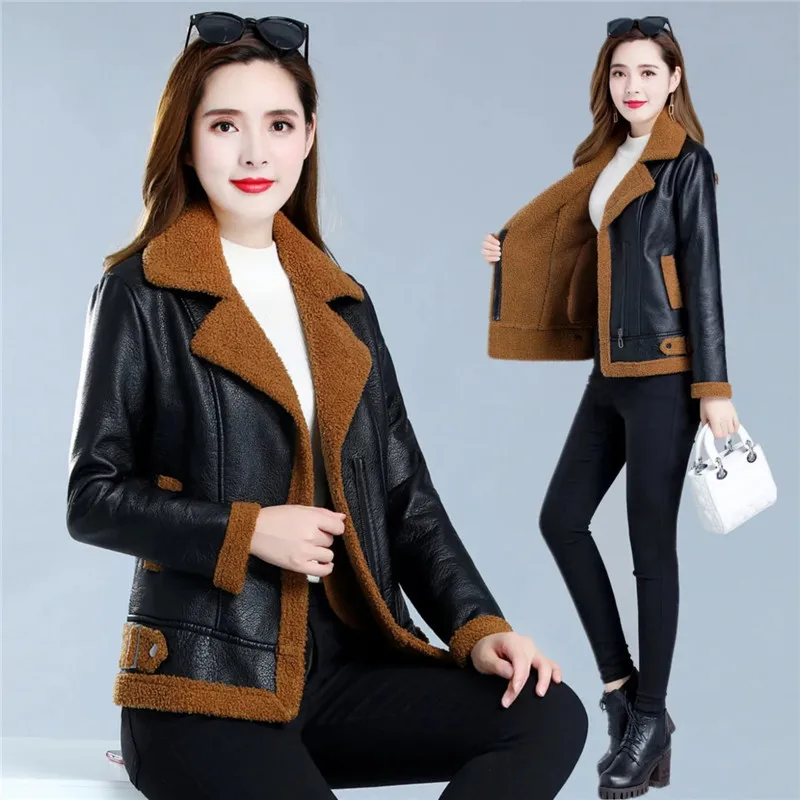 Add Velvet Add Thick Women\'s Leather Coat 2021 Winter New PU Skin Hair One Body Short Imitate Sheep Lamb Hair Ladies jacket