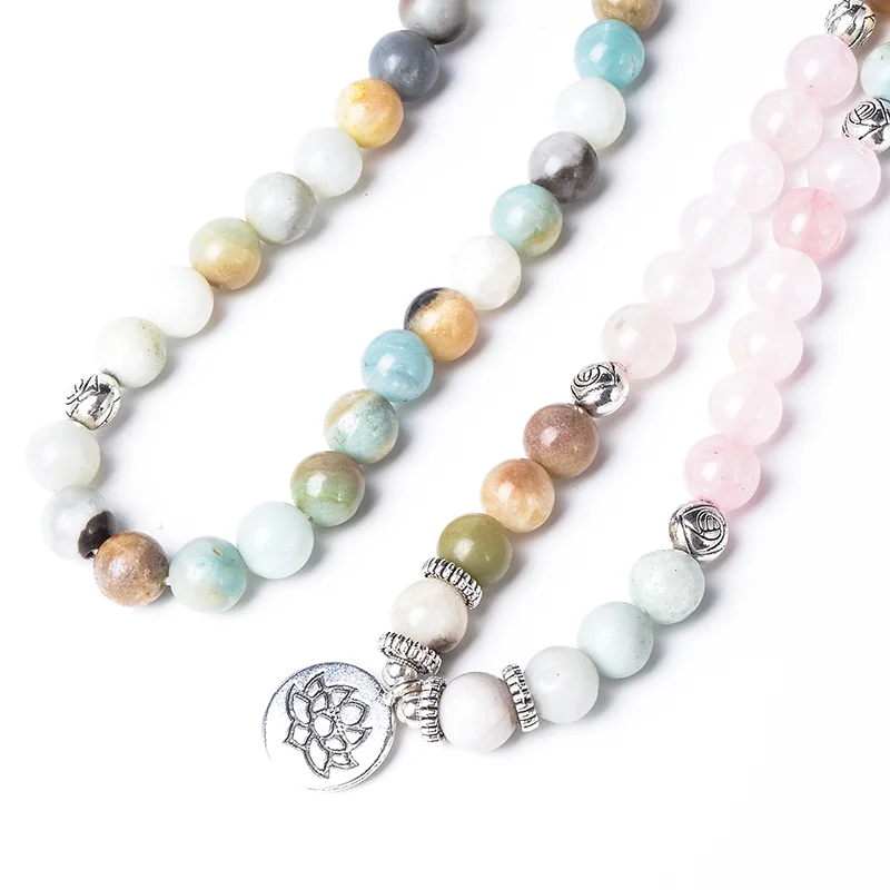 108 Mala 8mm Natural Amethyst Amazonite Rose Quartz Beaded Elastic Cord Wrap Bracelet Yoga Jewelry Men and Women Charm Bangle