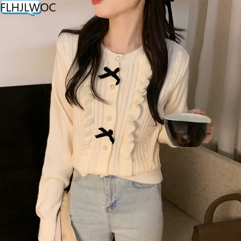 

New 2022 Spring French Style Cute Sweet Girls Bow Tie Short Coats Outerwear Single Breasted Button White Sweater Cardigans