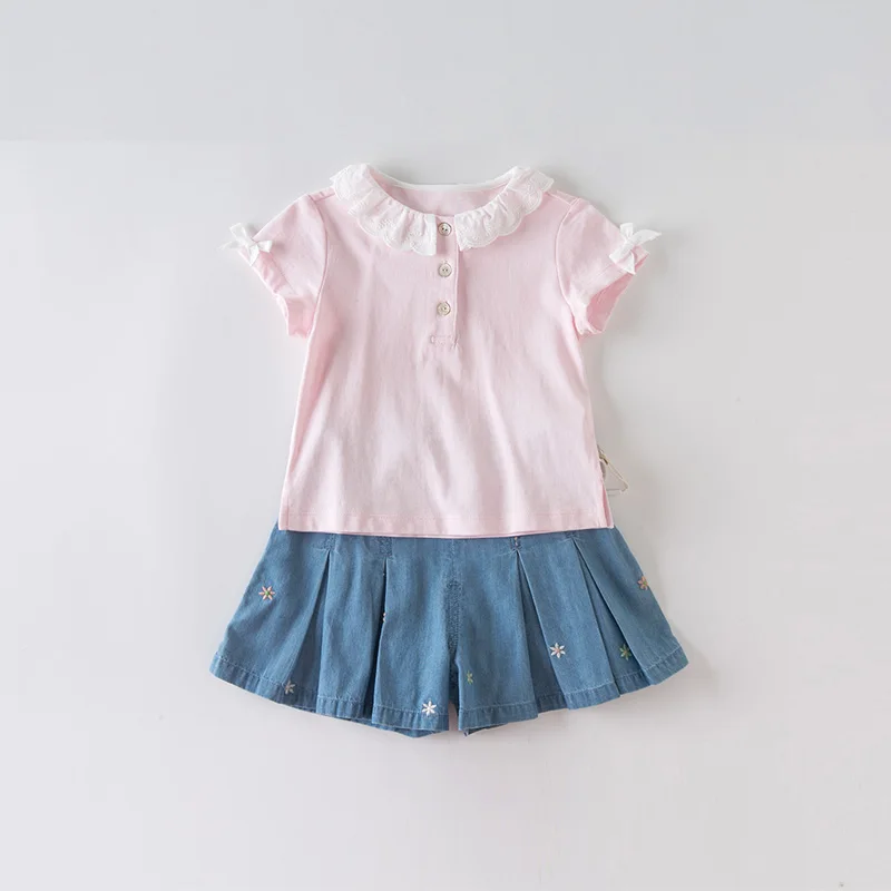 DB13962 dave bella summer baby girls cute bow solid T-shirt children short sleeve tops girls cute kids fashion tees