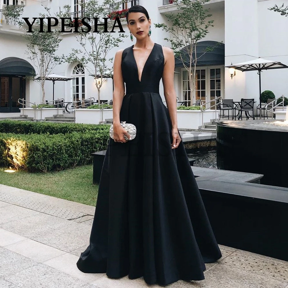 

Simple Deep V-Neck Sleeve A-Line Evening Dresses Backless Bow Satin Black Prom Gown vestidos de fiesta robes soirée платье