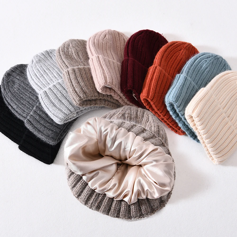 Winter Silk Satin Lined Beanie Hats Women Men Unisex Thick Chunky Cap Striped Warm Soft High Quality Cashmere Knitted Beanie Hat