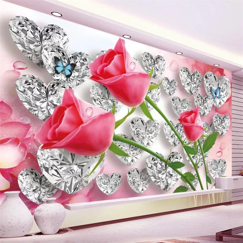 

wellyu Customized large murals fashion home decoration diamond rose 3D love creative stereo romantic TV background wall