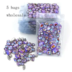 Hot sale Wholesale 5 bags mixed shape sew on glass Crystal purple AB silver base rhinestones diy dress/Clothing accessories