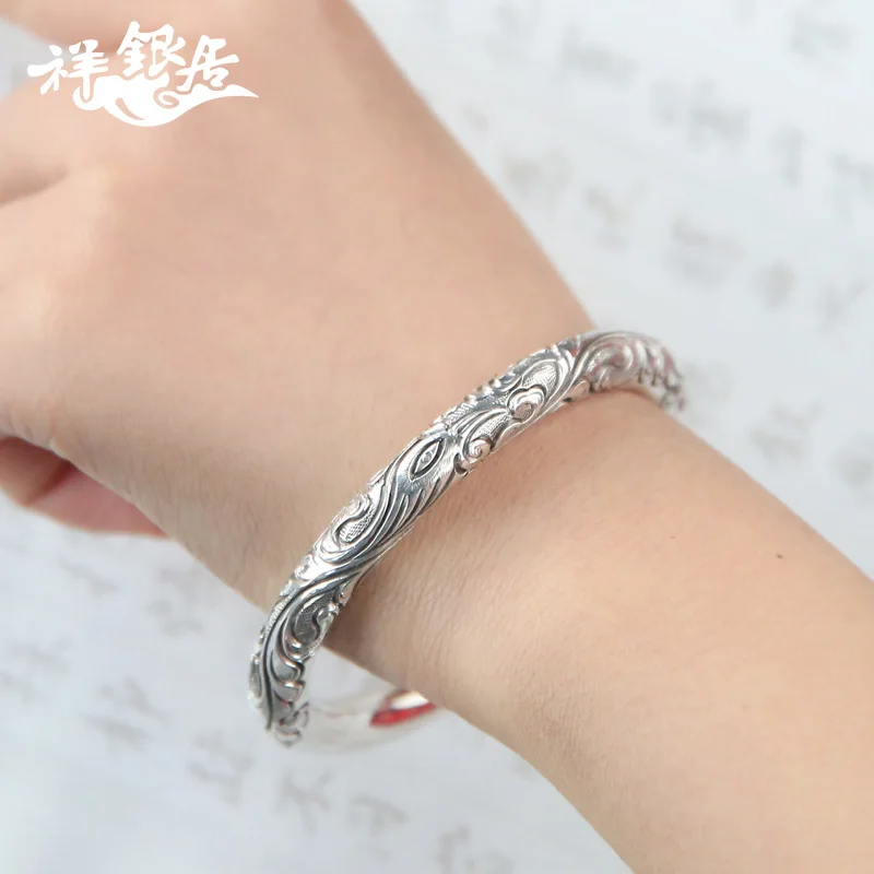 ★silver jewelry 99 pure silver bracelet female retro carved National Style Silver phoenix dance nine days Bracelet