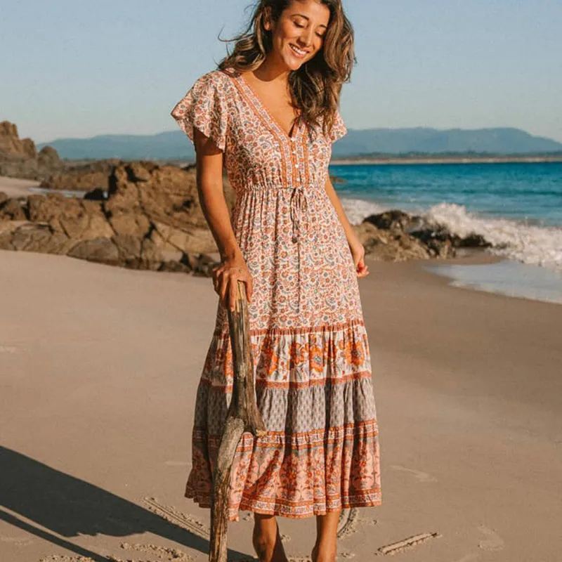 TEELYNN ściągany sznurkiem w pasie sukienki midi damska suknia w stylu vintage bawełna kwiatowy Print Casual długa letnia sukienka dekolt boho plaża