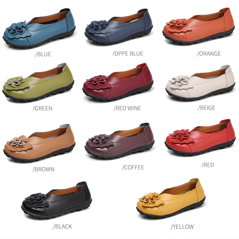 Summer Soft Genuine Leather Flat Slip On Loafers Women Ladies Shoes with Flowers for Nurse Mother Working Walking Driving