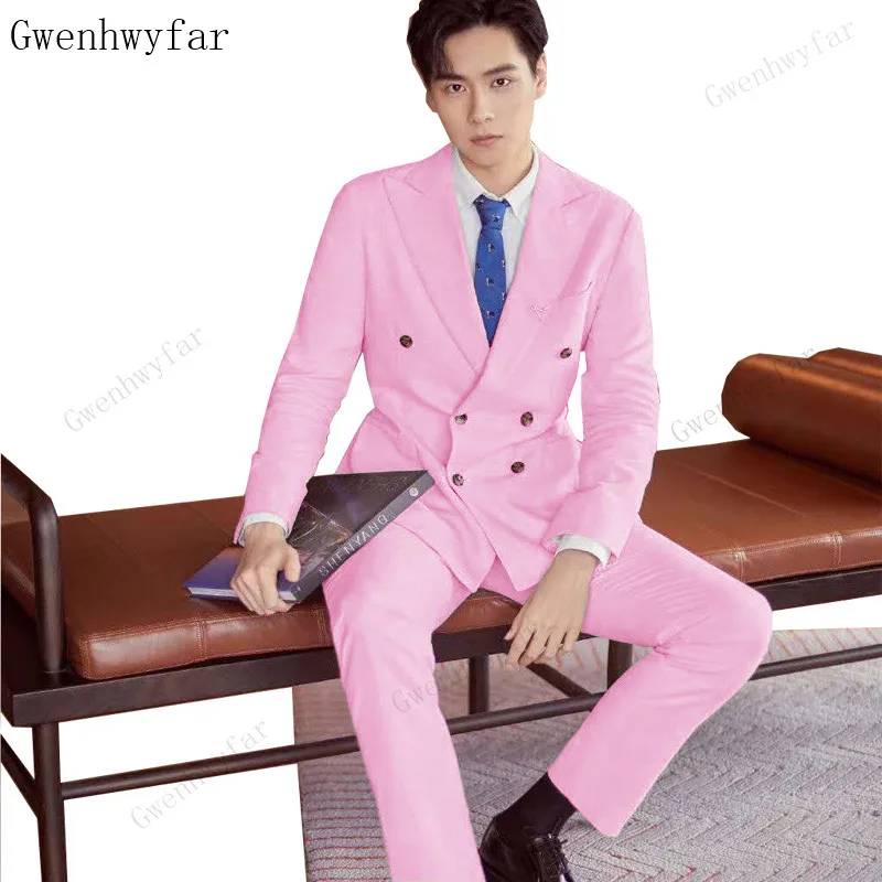 

Gwenhwyfar New Pink Double-Breasted Groomsmen Peak Lapel Groom Tuxedos Men Suits Wedding/Prom Best Man Blazer ( Jacket+Pants)