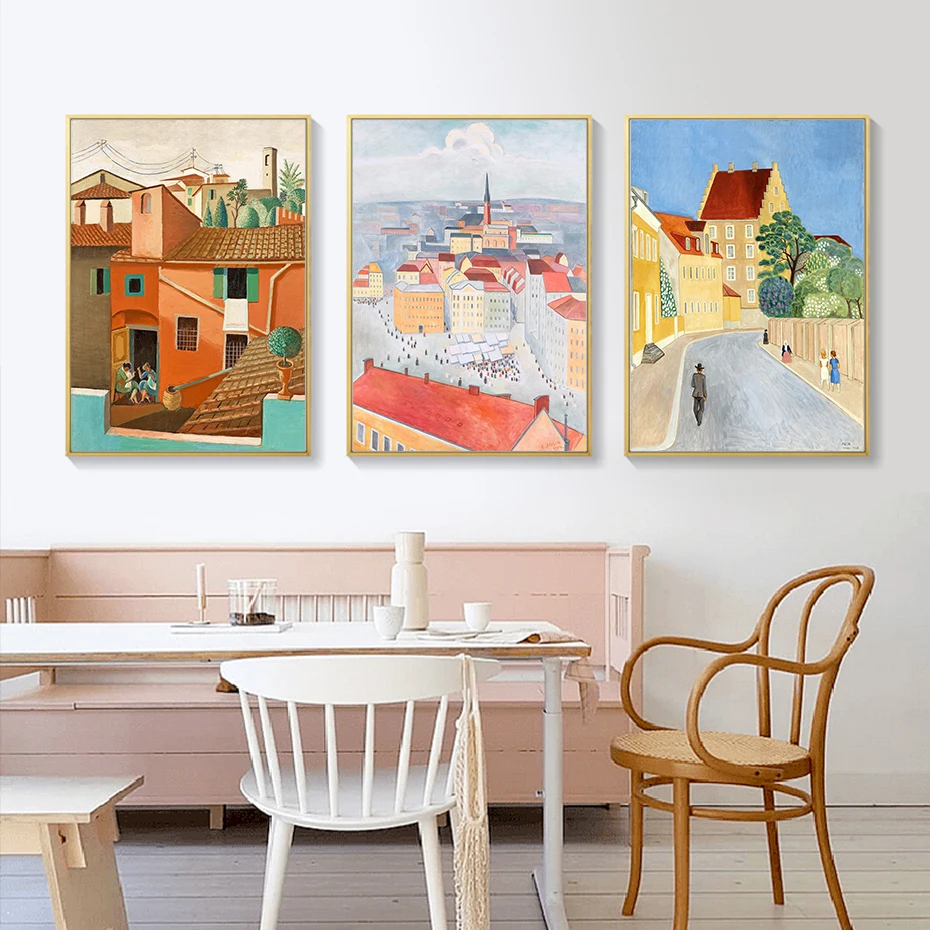 Abstract House Building Town Landscape Poster Oil Painting on Canvas Fine Wall Art Print Picture Living Room Interior Home Decor