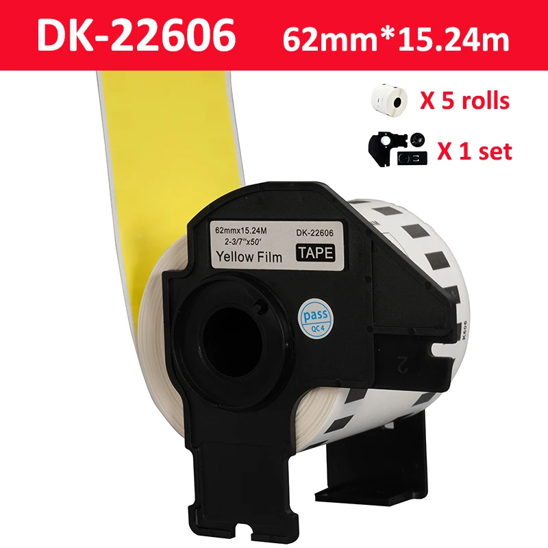 5 Rolls Compatible DK-22606 Label Yellow Film Coated 62mm*15.24M Continuous DK22606 for Brother Label Printer DK-2606