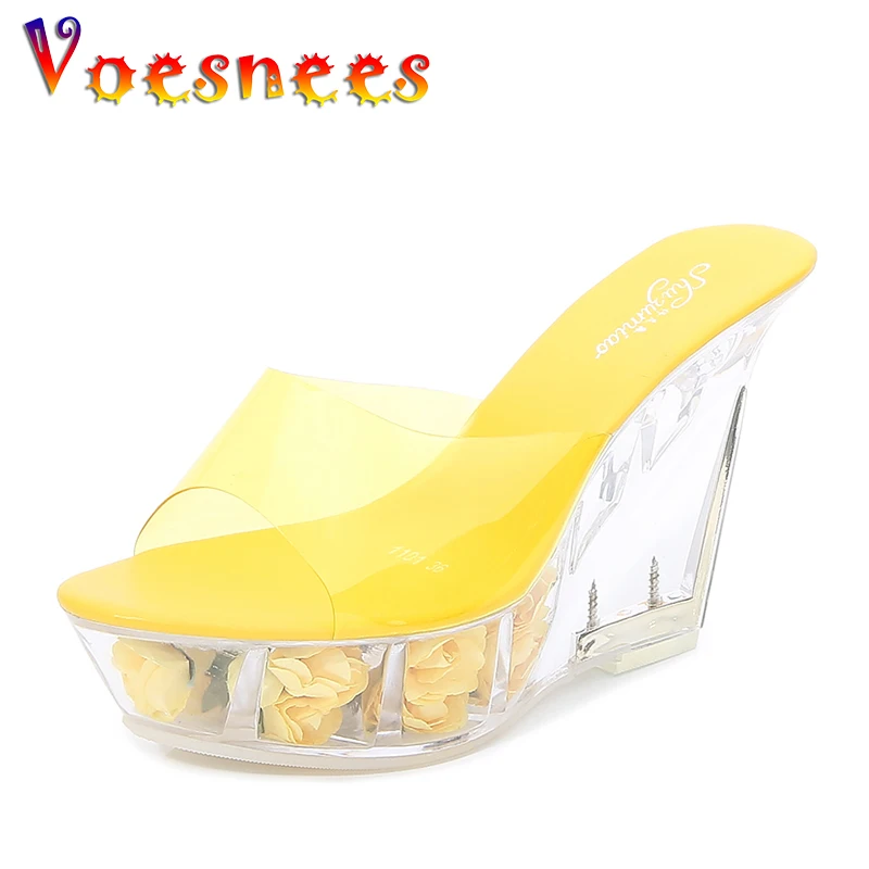 Voesnees 2021 Summer New Super High Heels10.5CM Wedge Heel Women Sandals Transparent Sexy Rose Flowers Ladies Shoes Walk Show