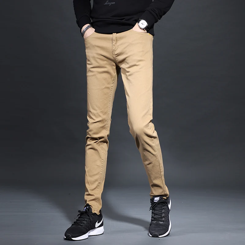 Men Army Green Stretch Jeans Korean Style Mens Straight Slim Fit Pants Fashion Casual Solid Color Denim Trousers