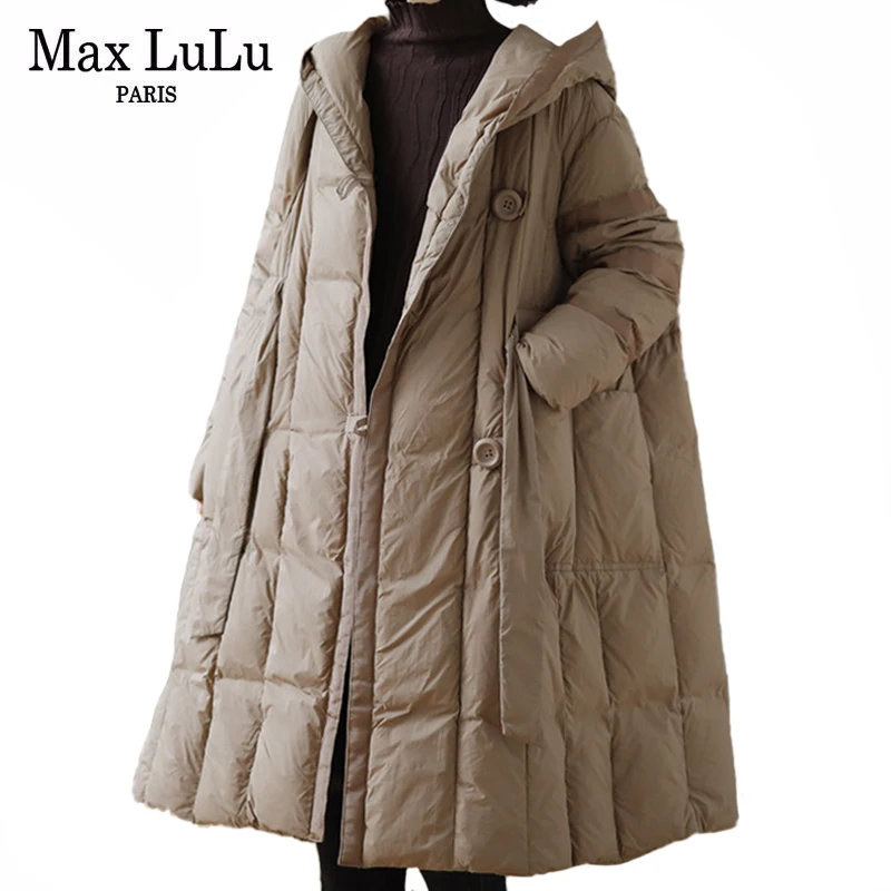 Max LuLu Womens Hooded Design Solid Duck Down Jacket 2021 Winter Korean Style Warm Loose Casual Long Coat Vintage Padded Parkas