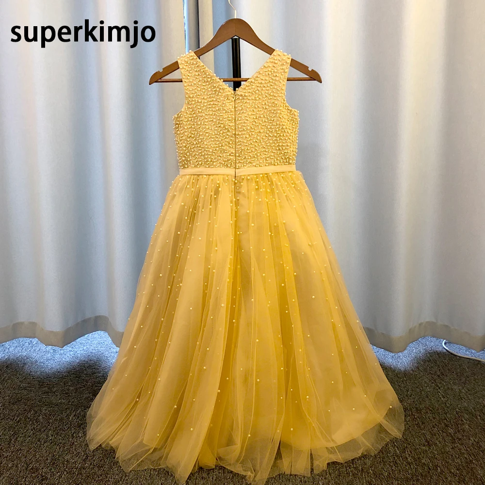 Perlen kleine blume mädchen kleider eine linie champagne perlen eine linie tüll lange echt bild kleine mädchen party kleid prom kleid