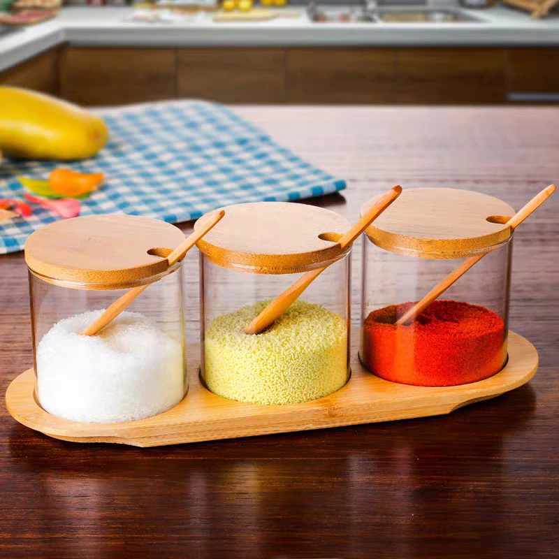 Kitchen Spice Tool Glass Bottle Sugar Salt Storage Jar Spice Jar With Wooden Spoon Kitchen Accessories Spice Rack Spice Box