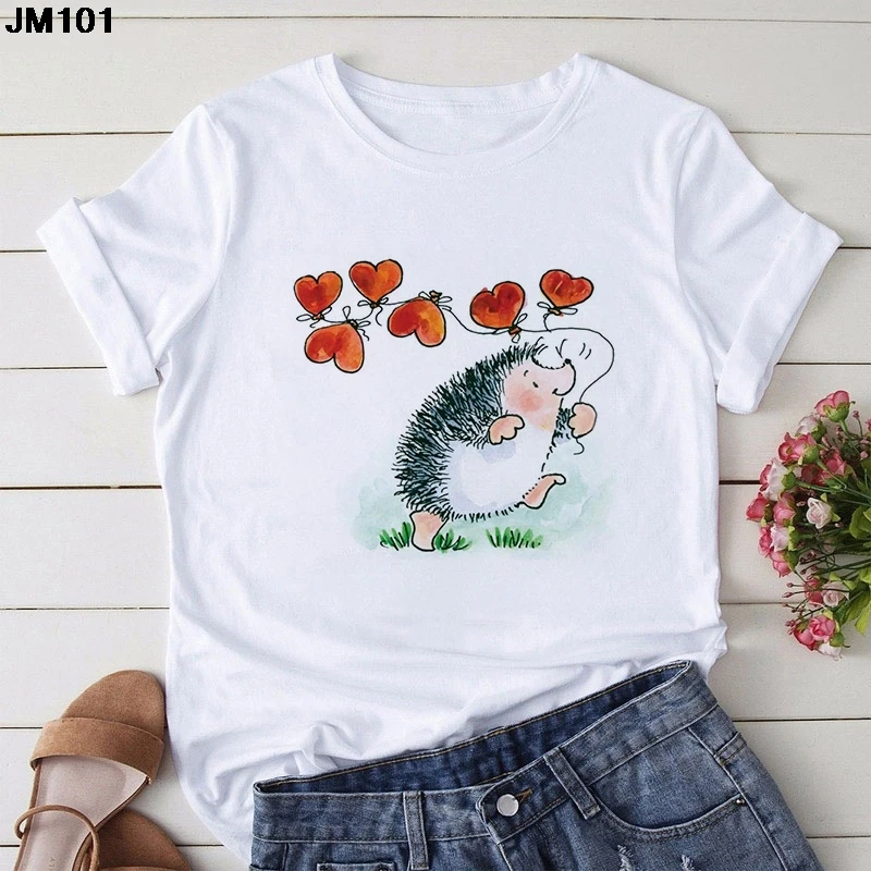 

New Harajuku Women's T Shirt Female Hedgehog Dandelion Printed Loose Tshirt 2021 Summer Fashion Top Easy Matching O-Neck T-shirt