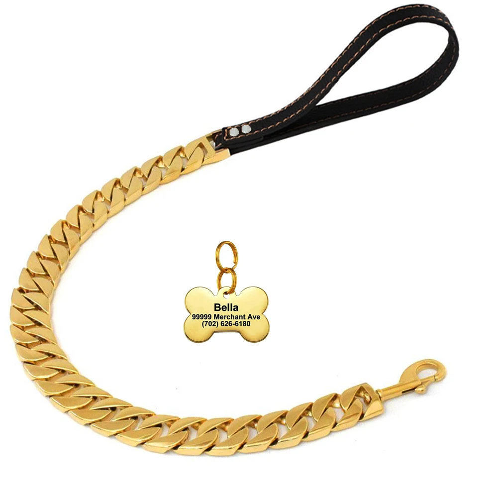 

Big Gold Chain Leash for Large Dogs Metal Chew Proof 32MM Heavy Duty Stainless Steel Pet Leash Chain with Dog ID Tags