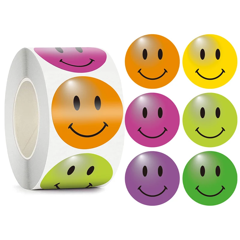 ROUND YELLOW,GREEN,PURPLE,BLUE,RED AND ORANGE HAPPY FACE STICKERS IN 8 COLOR