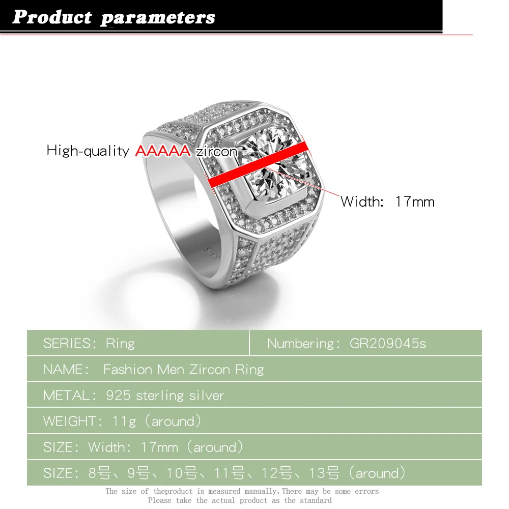 Men Ring 925 Silver Ring For Men's Luxury Inlay Cubic Zircon Ring Hip Hop Men Cocktail Party Ring Gift Hyperbole Male Jewelry