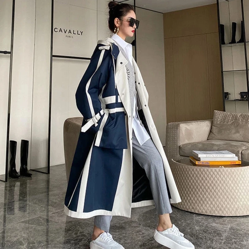 New Women Korea Long Sleeve Windbreaker Overcoats Ladies Chic Patchwork Design Long Trench Outerwear Plus Size