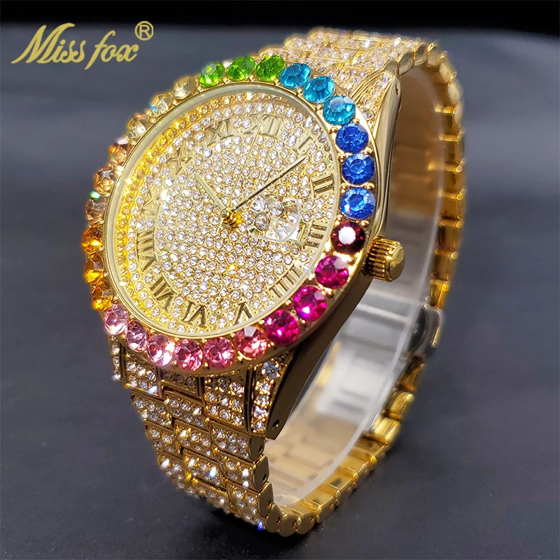 

Montre Homme Luxe Grande Marque MISSFOX 18k Gold Diamond Watch For Men Stylish Geneva Unisex Timepieces Waterproof Wholesale