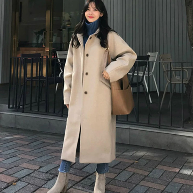 Women Wool Blends Long Coat Thickening Casual Fashion Warm All-match Single Breasted Slim Overcoat Turn-down Collar Classic Chic