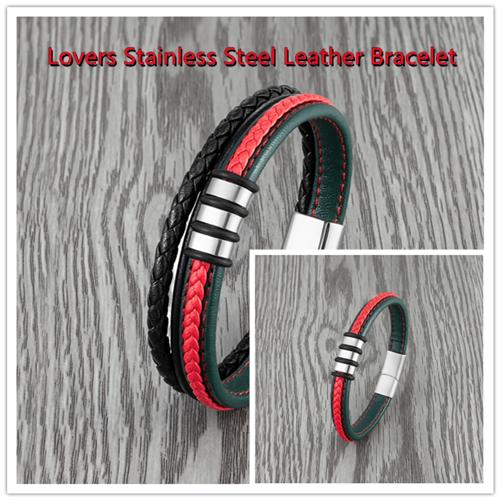 Braided Rope Red And Green Leather Bracelet For Men And Women Couples Simple Stainless Steel Charm Retro Jewelry Bracel