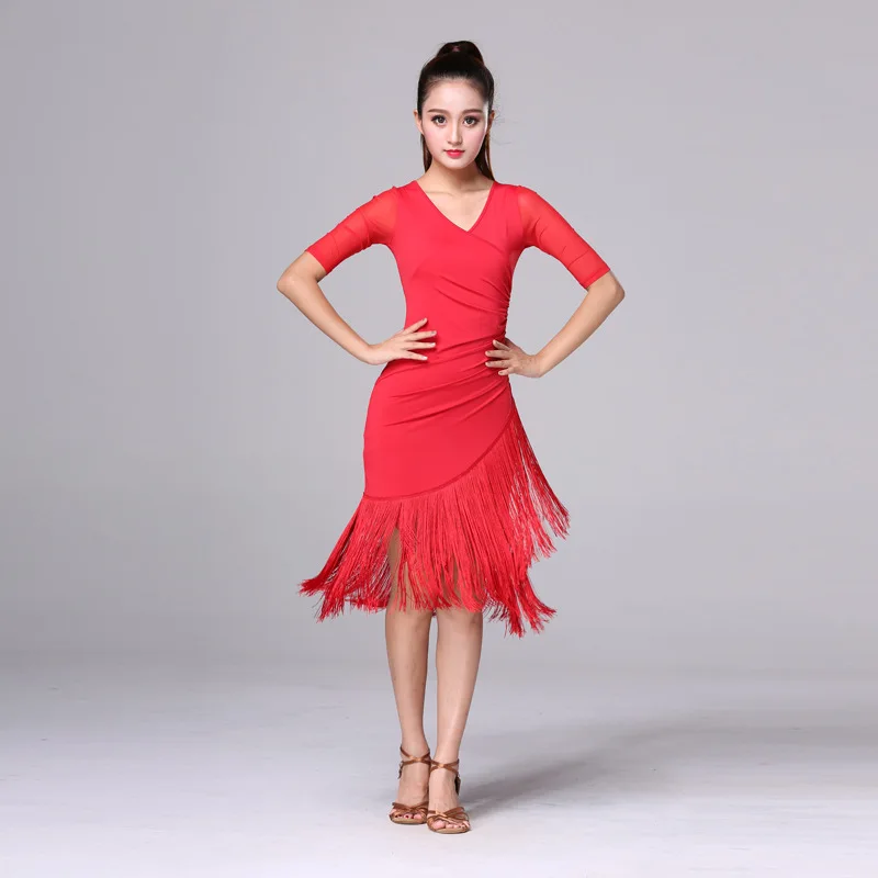 Latin Dance Tassel Dress Profession Training Female Adult Summer Ballroom Tango Salsa Rumba Sumba Stage Costume Black/red S-4XL