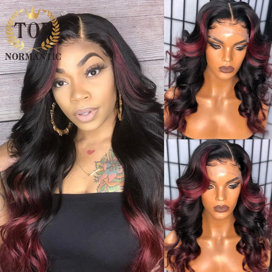 

Topnormantic Highlight Burgundy Color 13x6 Lace Front Wigs Preplucked Brazilian Remy Human Hair Body Wave Wig for Black Women