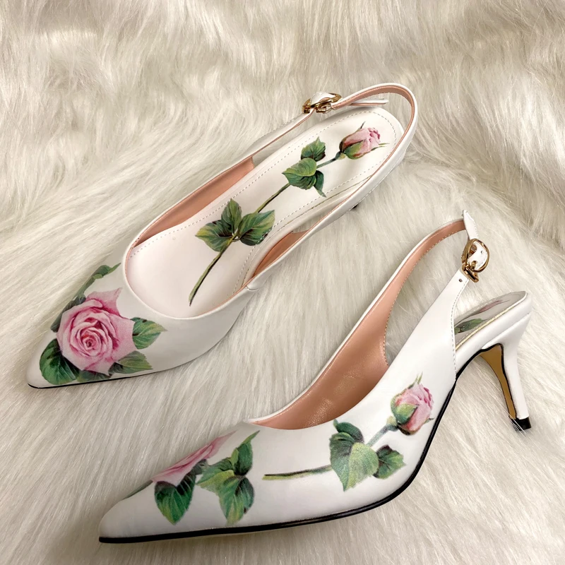 6cm Low Heel Bridal Shoes Rose Flower Print High Heel Pumps Pointed Toe Stiletto Pumps Slingback Sandals Summer Sweet Heels