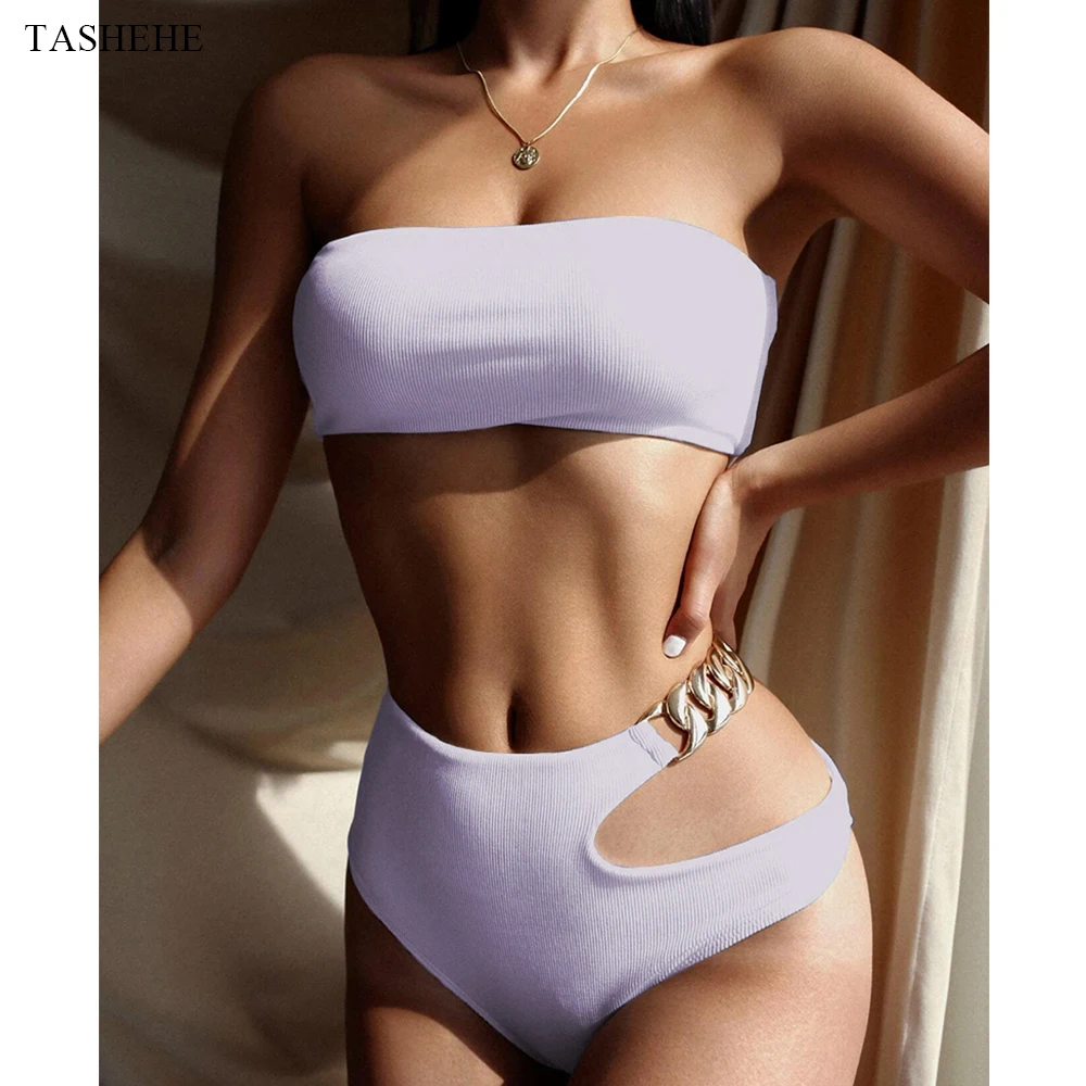 

2022 Sexy Chain Bandeau Bikini Ribbed Swimsuit Women High Waist Bikini Set Swimwear Female Push Up Bathing Suit Bather Biquini