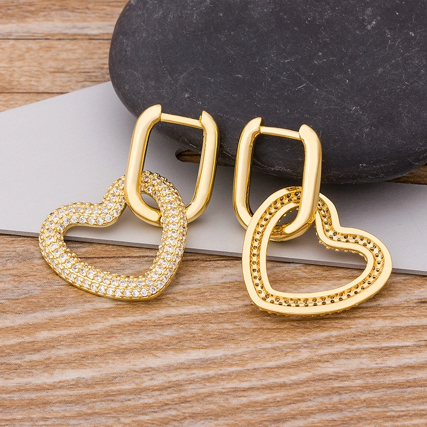 

Nidin New Fashion 3 Colors Stone Heart Shape Dangle Earrings Copper Cubic CZ Cuff Drop Huggie Simple Design Party Jewelry Gift