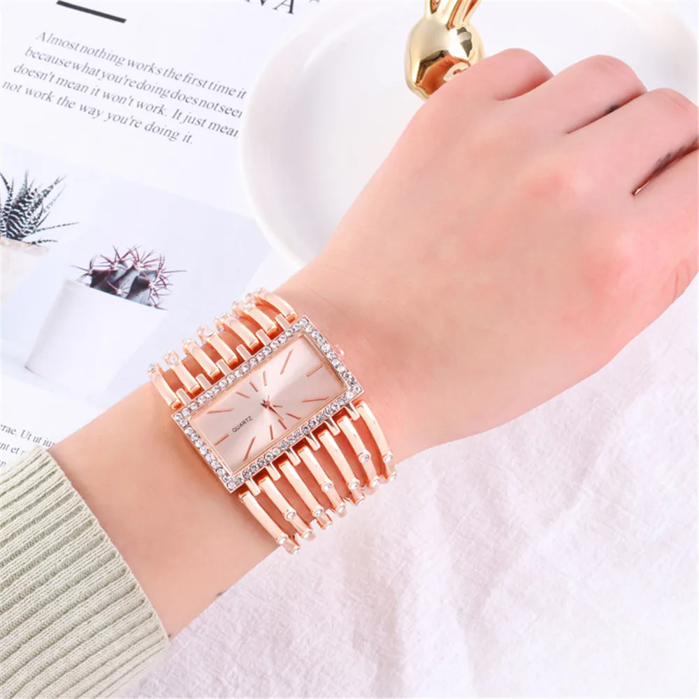 Reloj de cuarzo con diamantes rectangulares para mujer, cronógrafo de pulsera de aleación de oro, sencillo, regalo, 2023