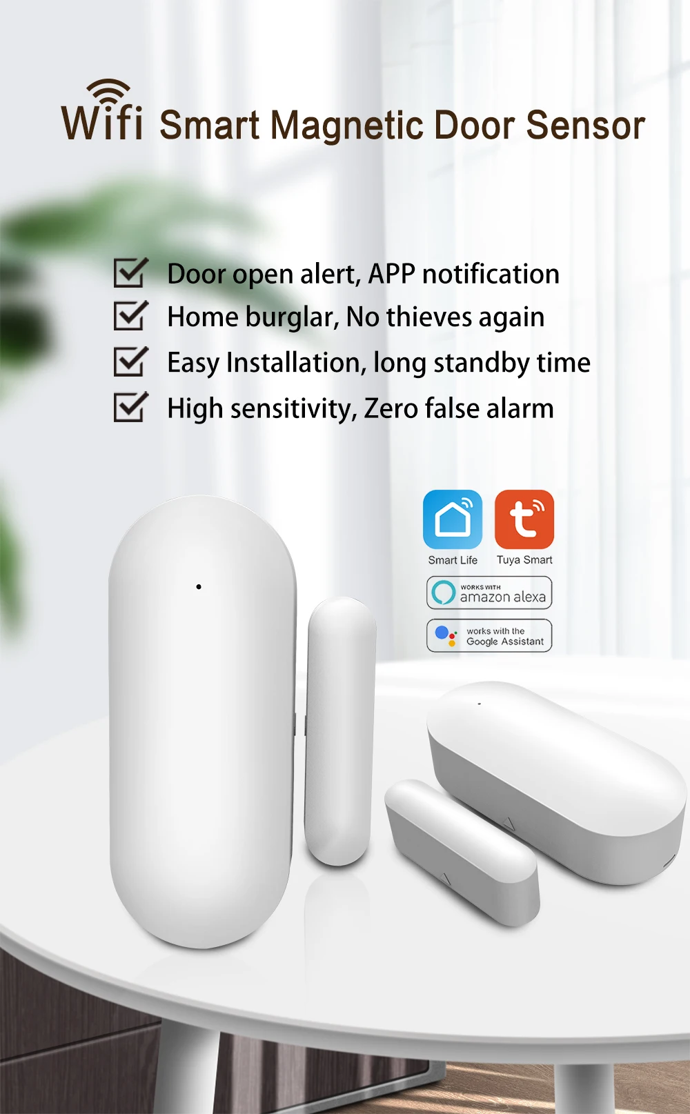 HIVA Wifi Door Detector Tuya Smart life App control Wifi Window Sensor Security Alarm work With Alexa Google Home