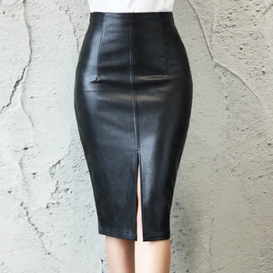 MIDI Skirt of Female PU leather, frontal or rear slit pencil for hip, autumn and winter 11 Main Sales Skirt Women's Leather - №9