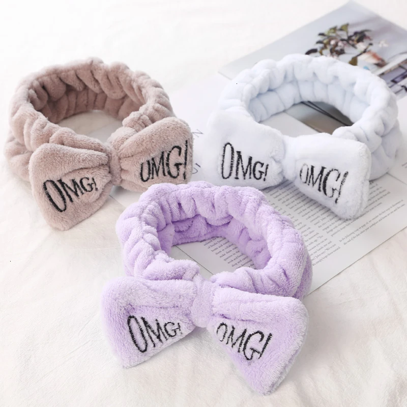 OMG Hairband Bow Face Washing Headwear For Women Fashion Korean Embroidered Letter Coral Fleece Hair Headband Hair Accessories