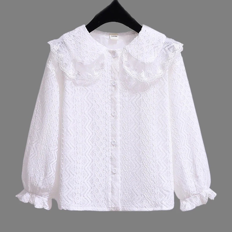 Girls White Lace Blouses for Children Baby Shirt Top Spring & Autumn Kids Full Sleeve White England Style Shirt  Clothes 2-8Y