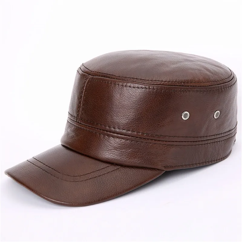 B-7285 Adult Genuine Leather Hat Baseball Cap Men's Warm Ear Protective Cowhide Cap Cow Leather Flat Top Hats Adjustable