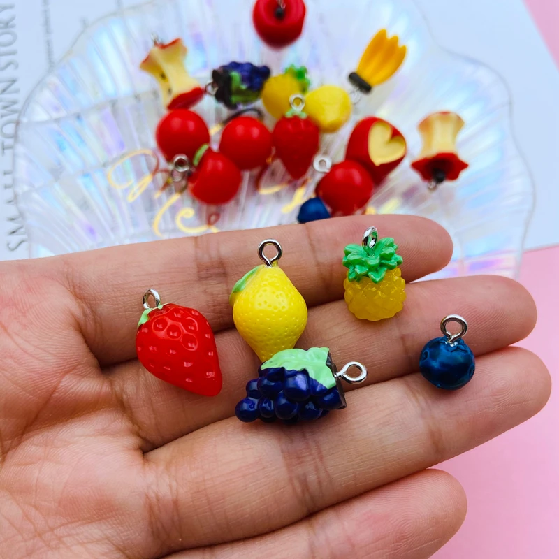 10pcs Resin Small 3D Fruit Charm Strawberry Lemon Pendant for Keychain, Earring, Jewelry, Scrapbooking, DIY Making, Necklace