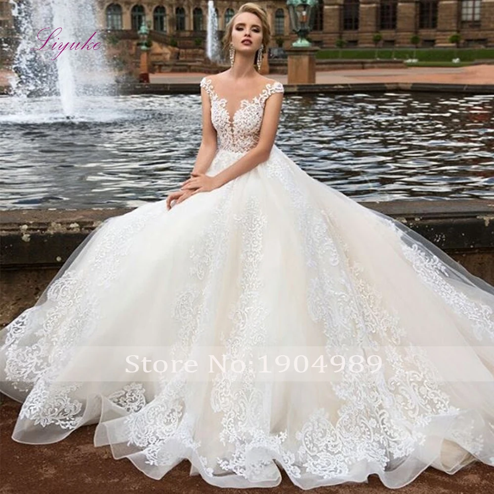 Liyuke Gorgeous Lace Scoop Floor Length  Wedding Dress Off The Shoulder Sleeveless A Line Bride Dresses