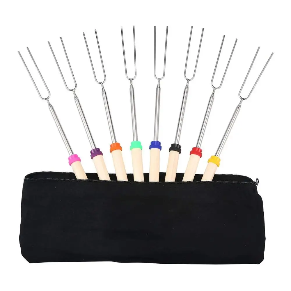 8pcs Stainless Steel Roasting Skewers with Wooden Handles Telescoping BBQ Forks 32 Inch Hot Dog Sticks for Campfire Camping BBQ