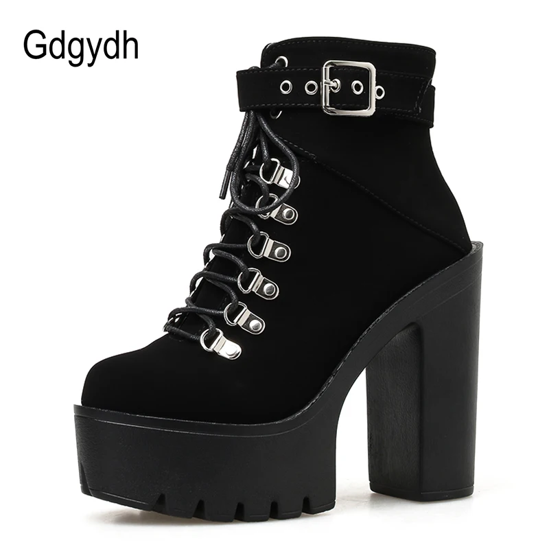 Gdgydh Lace Up Women Boots Platform Buckle Boot Winter Shoes Thick Heel Autmn Boots With Zipper Ankle Strap Black Suede Gothic