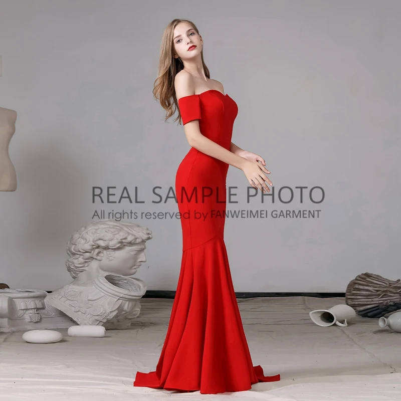 970# 100% Real Photos Off Shoulder Plain Red Satin Mermaid Evening Dress Prom Gown Enaggement Party Dress Customized image 5