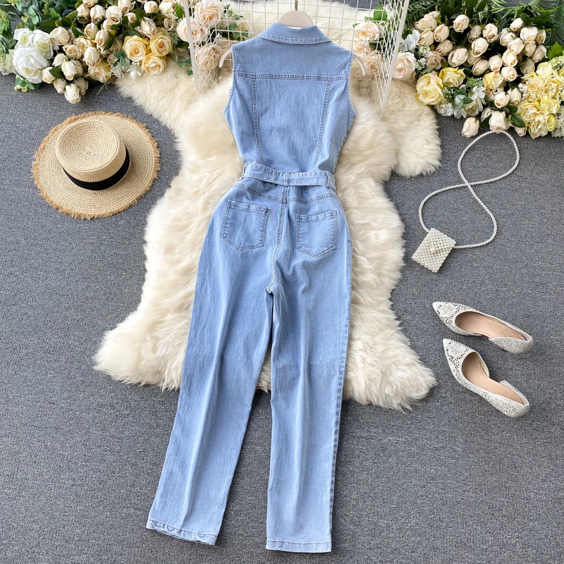 Amolapha Women Denim Jeans Sashes Jumpsuits Pockets Single Breasted Turn-down Collar Sleeveless Woman Fashion Jean Outfits